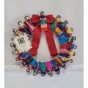 Handmade Guatemalan Worry Doll Wreath 12" Mayan Folk Art Red Bow Upavim Crafts